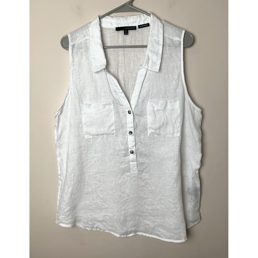Harve Benard Linen Blouse Womens XL White Sleeveless Tunic V-Neck Collar Classic